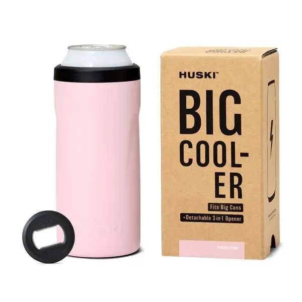 Pink can cooler with box and opener