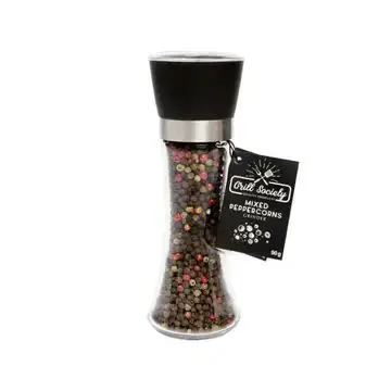 Glass pepper mill with label