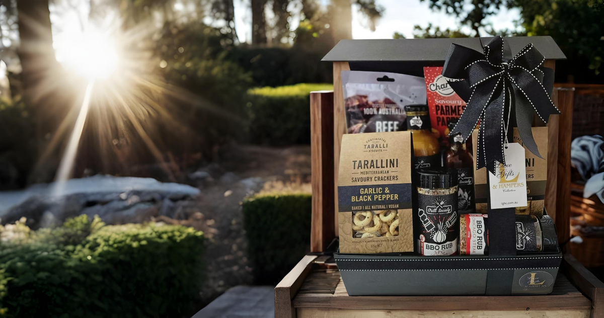 Gift basket with snacks and ribbon